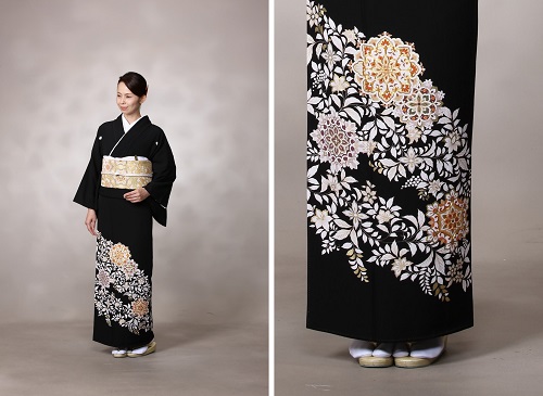 色留袖 華紋 金彩 唐花 リーフ 三つ紋 パープル 着物 014a d 延びる