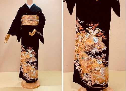 色留袖 金彩 薔薇 百合 花模様 扇 熨斗 パープル 着物 021a d 退かし